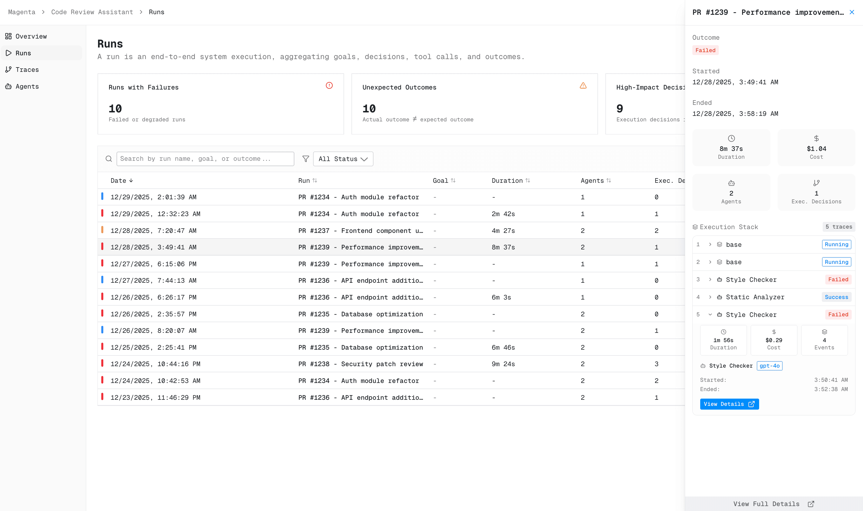 Runs page sidebar visualization